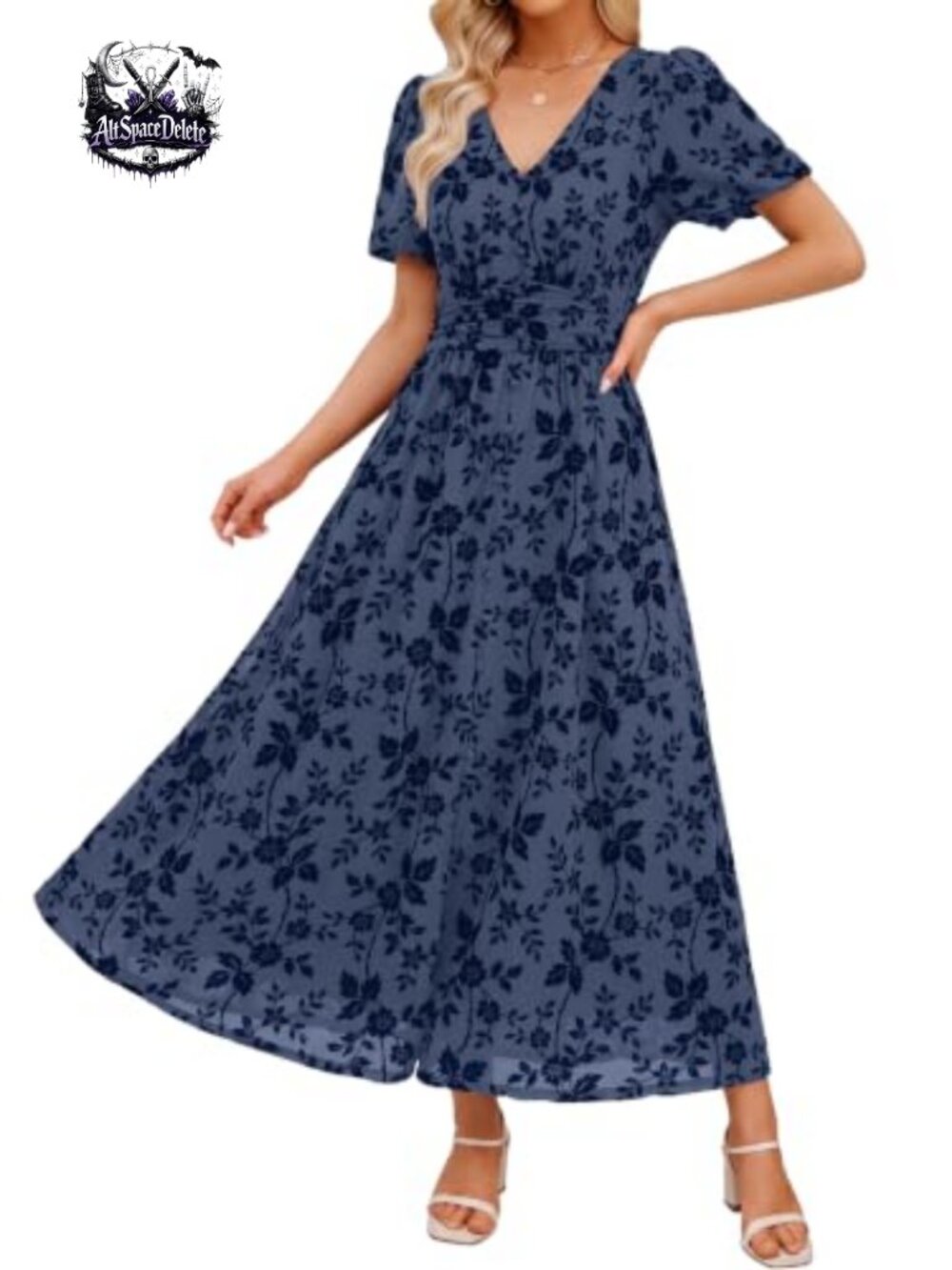 Womens Floral Mesh Maxi Dress Smocked Waist Puff Sleeve Wedding Guest A-Line